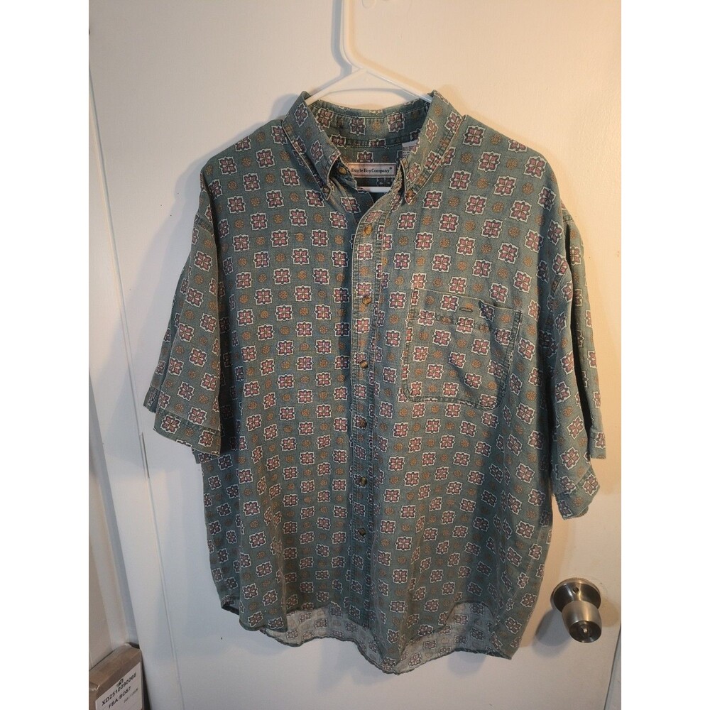 Vintage Bugle Boy Company Shirt Mens Large Ramie Cotton Geometric Blue Button...